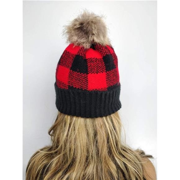 Women Winter Knit Beanie Pom Pom Hat Warm Fur Hats Buffalo Plaid Skull Ski main image 6